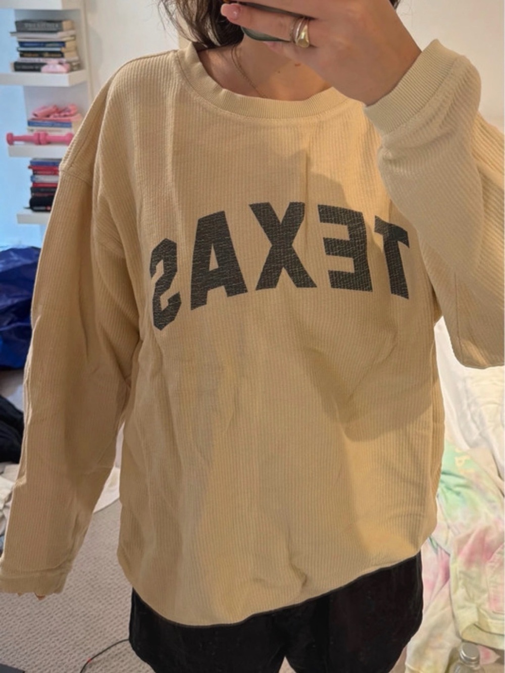 Texas Printed Cream Ribbed Pullover Sweater
